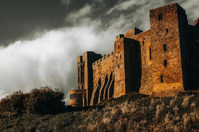 a tall castle with trees on the side of it