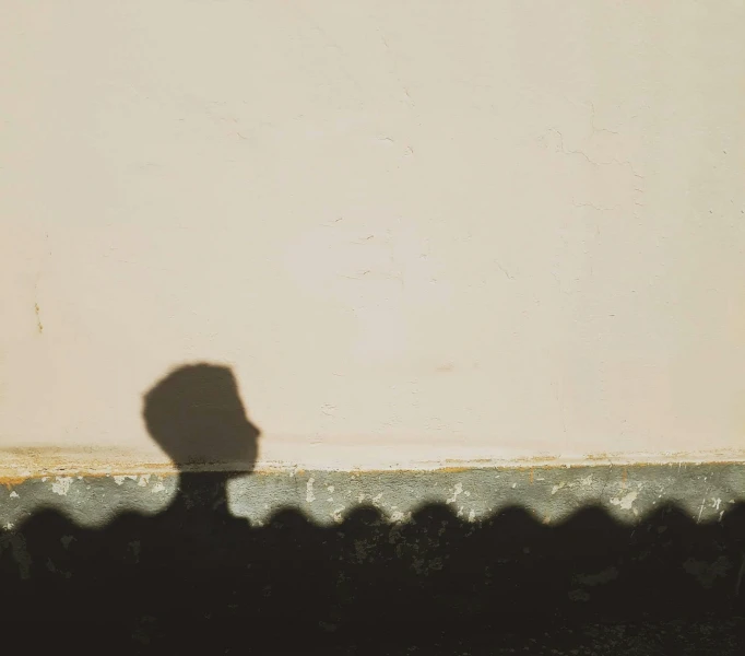 shadow from a wall with a man standing on a side walk