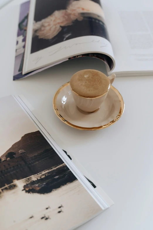 a magazine and cup of coffee on a table