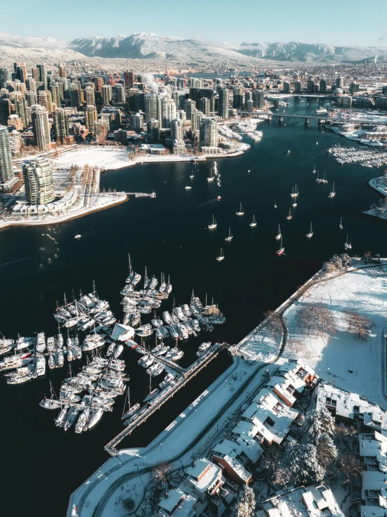 a picture taken from above of boats in a harbor and buildings