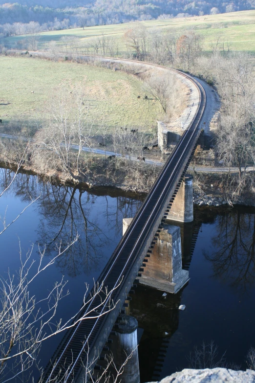 the bridge looks over the water at a small road