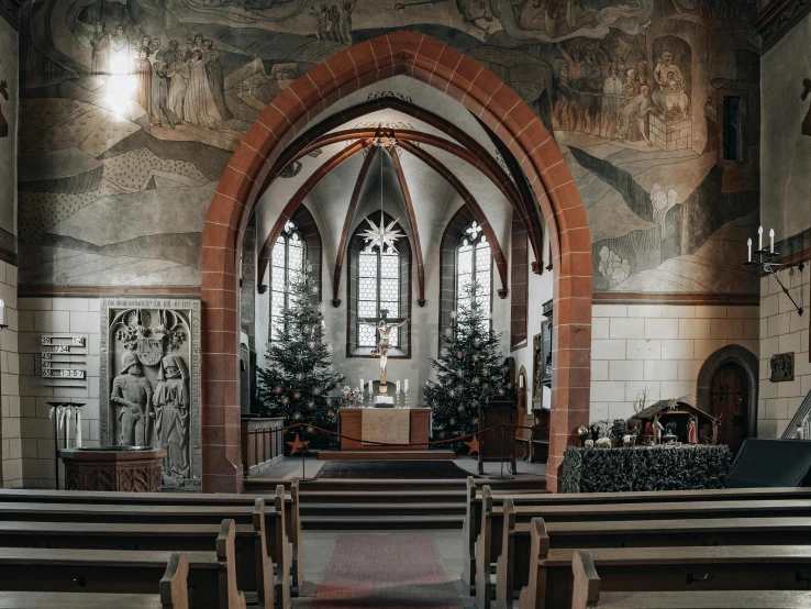 an old church with a wallpapered room and stained glass windows