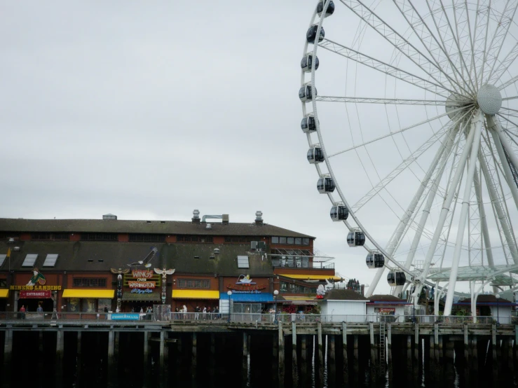 an ocean and pier ferris wheel and buildings in the background