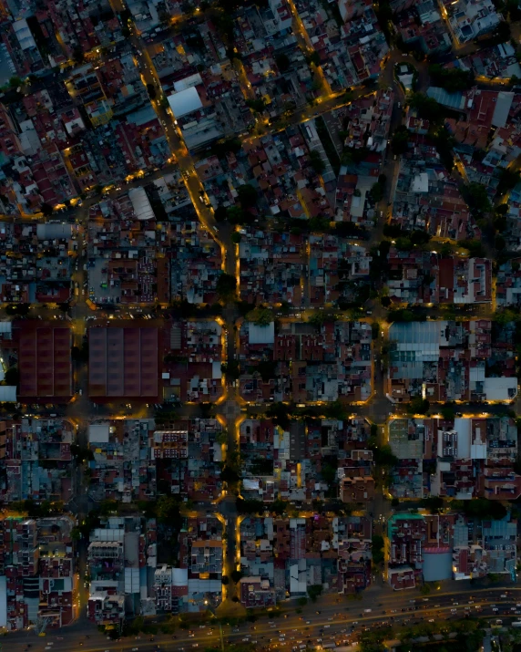 an aerial view of a city at night