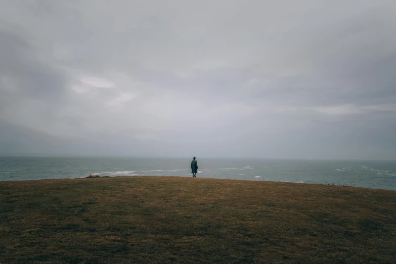 a man is standing on a hill looking at the water