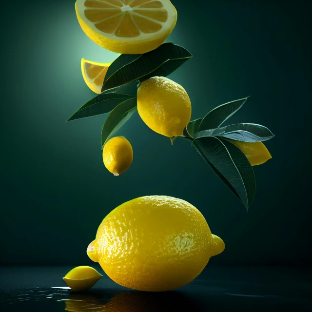 lemons fall into the air and fly towards leaves