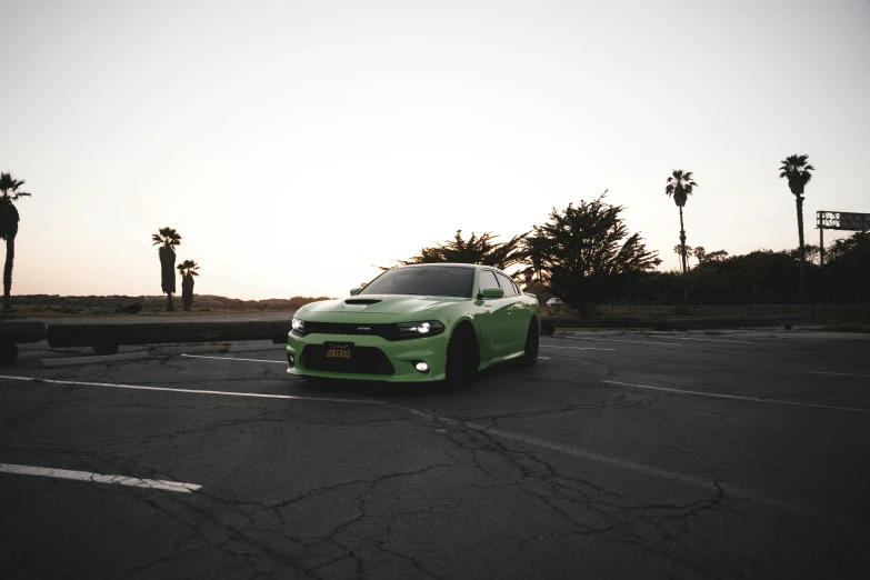 a green car parked in a parking lot with palm trees in the background