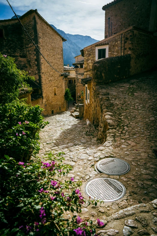 a dirt road with some buildings on the other side