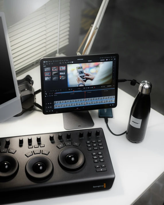 two monitors and a microphone on a desk