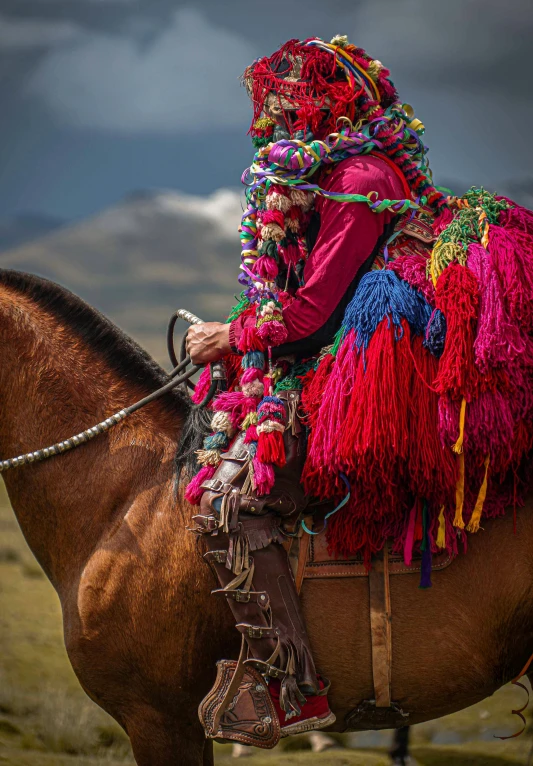 a person with elaborate hair is sitting on a horse