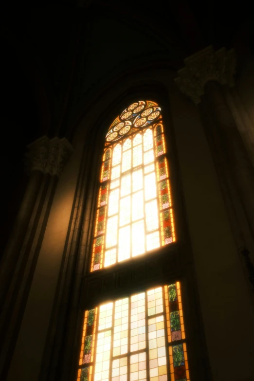 an empty church room features a large stained glass window