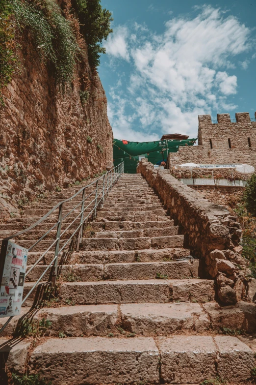 a train is coming down some steps