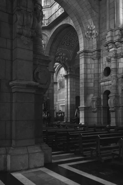 black and white image of the interior of an old church