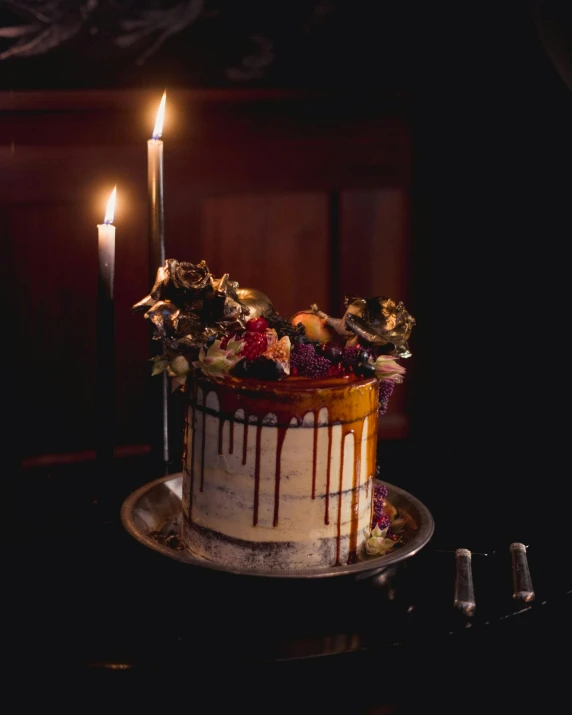 a chocolate birthday cake with a lit candle