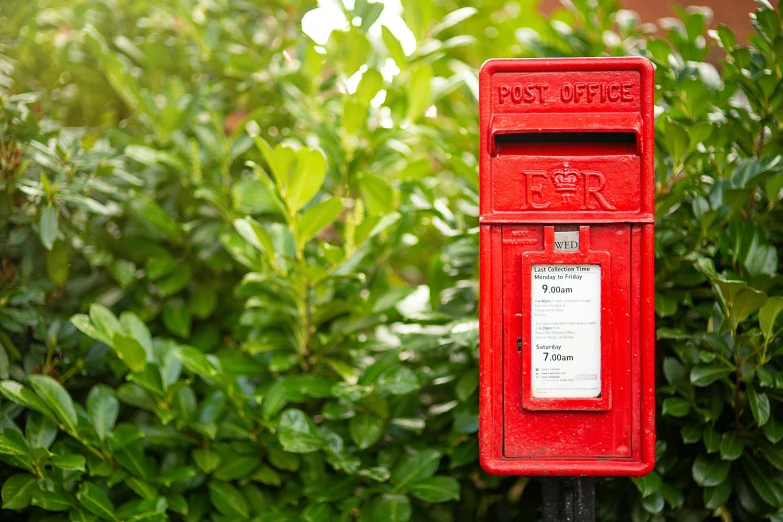 a red post - box is near the bushes and trees