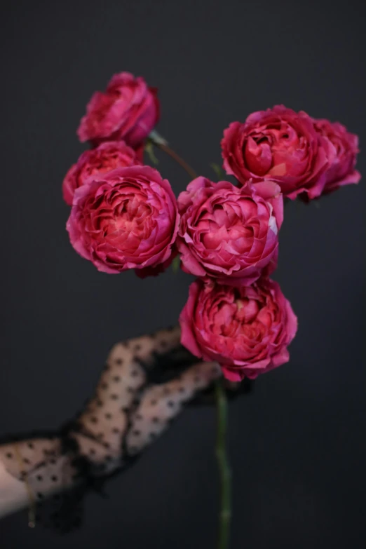 some pink flowers in a vase on a black table