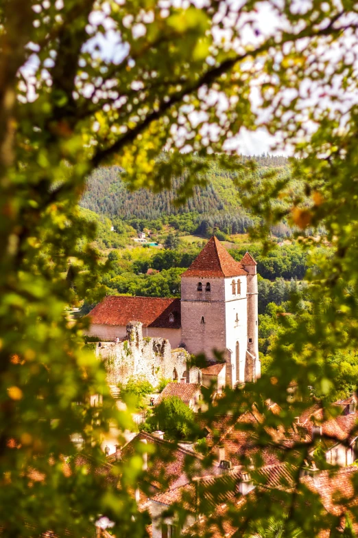 an old church surrounded by trees and buildings