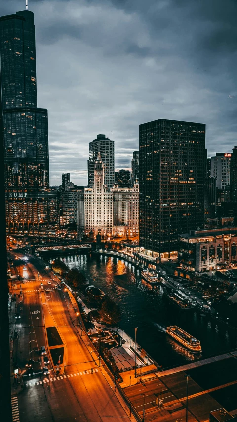 a city skyline and a road with a bridge