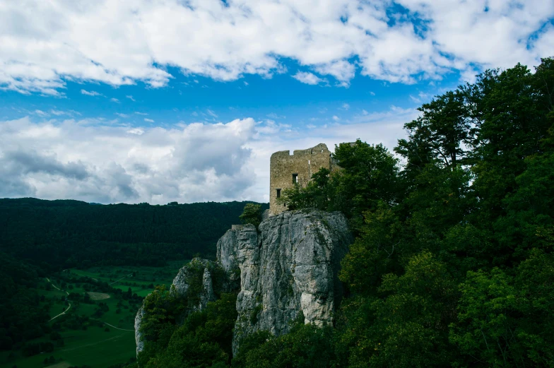 a castle built on a rock cliff overlooking the trees