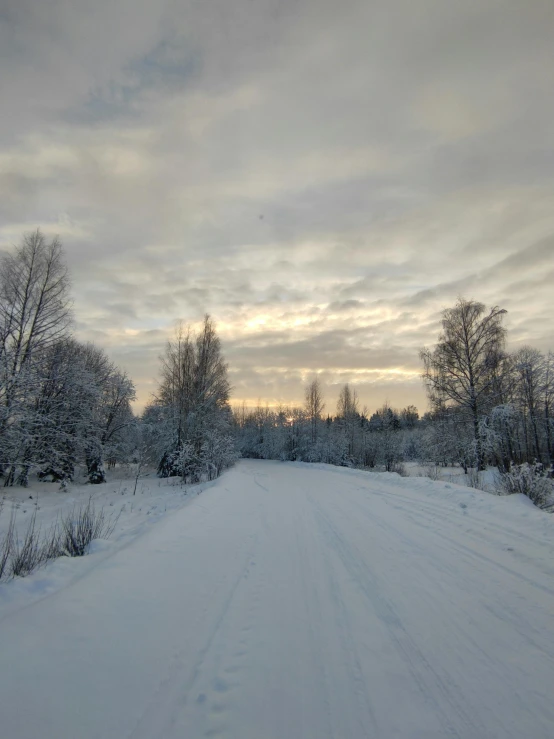 a snow covered road with trees in the background