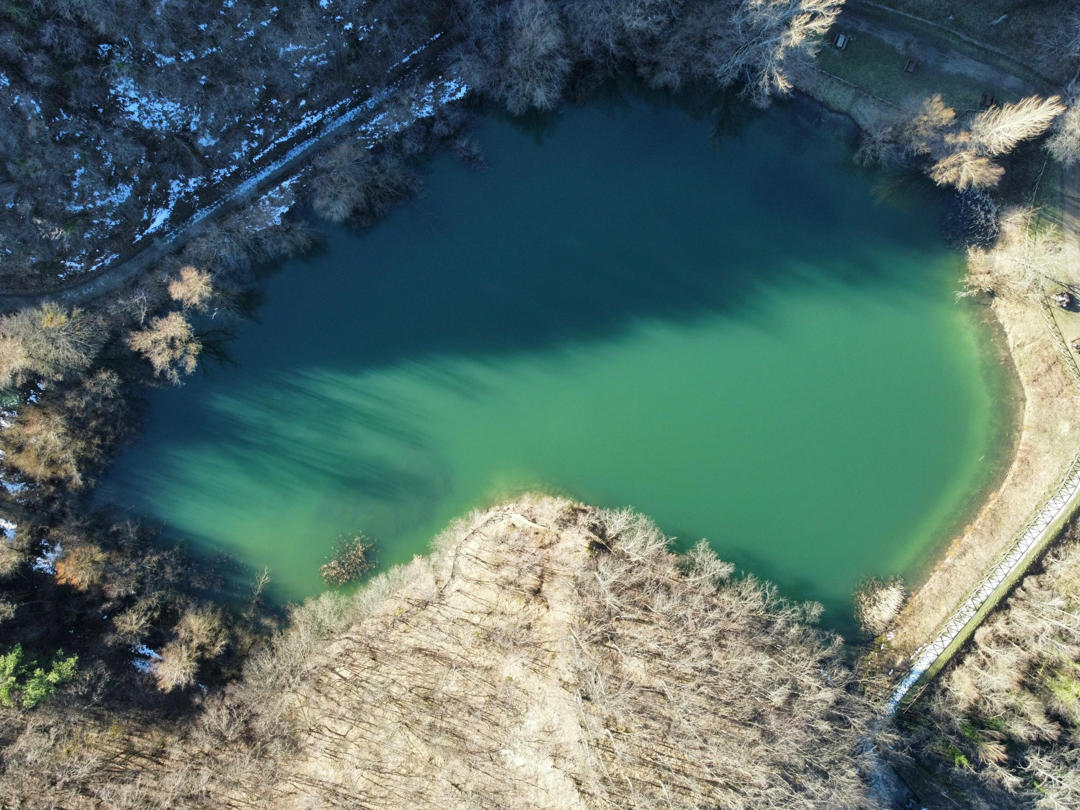 a large lake is surrounded by wooded area