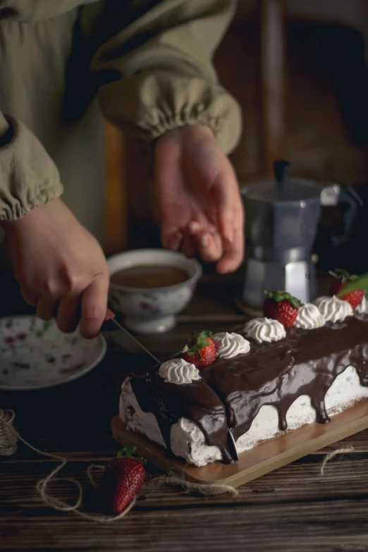 someone decorating a small chocolate cake with strawberries