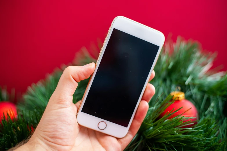 a person holding a phone up above a christmas tree