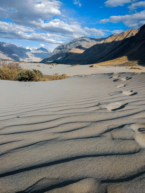 tracks in the sand by a few hills