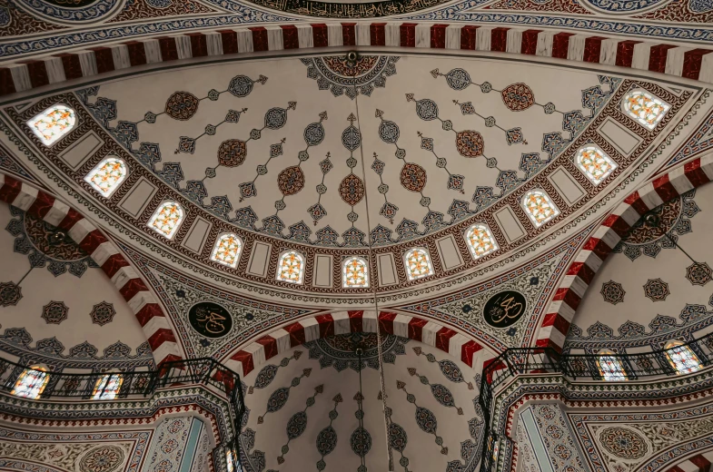 looking up at an intricate ceiling in the main room