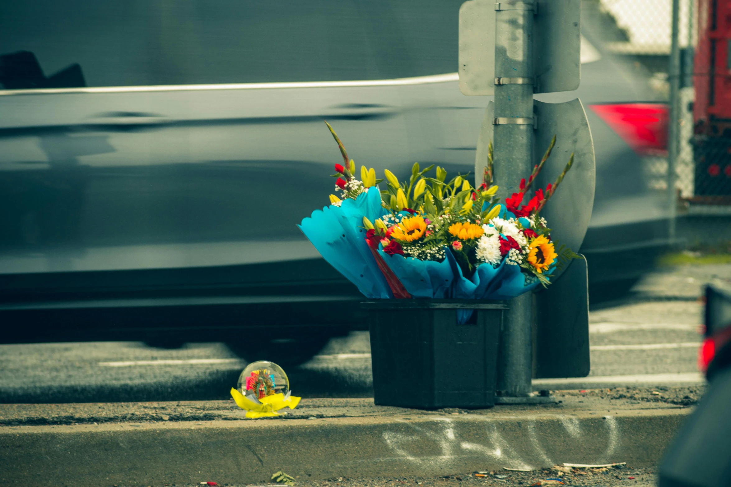 flowers left by the sidewalk on the side of a street