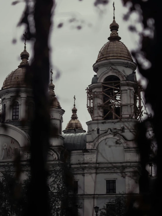 a very tall and fancy looking building with domed tops