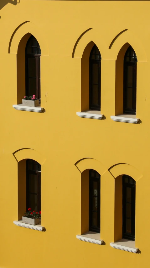 a yellow building with four windows filled with flowers