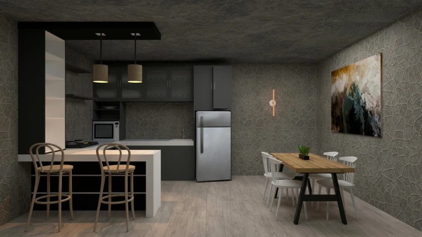 a modern style kitchen with gray decor and a wood table