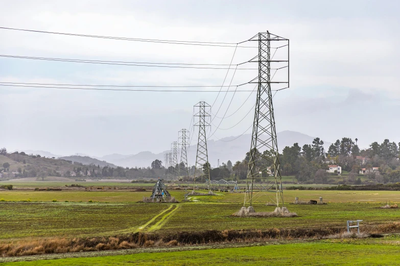 a couple of telephone poles are in a field