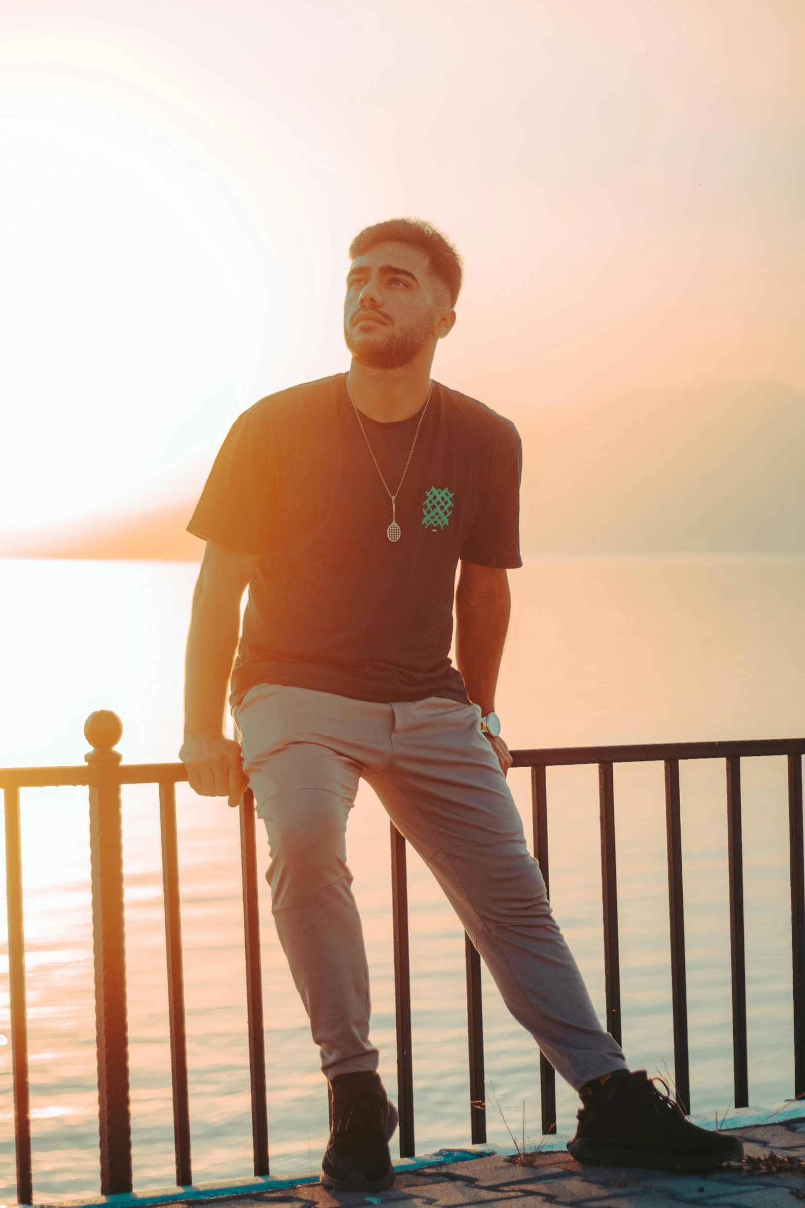 a man is posing on top of a railing near water