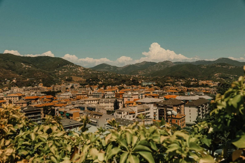 a small city sitting next to a tree filled mountain range