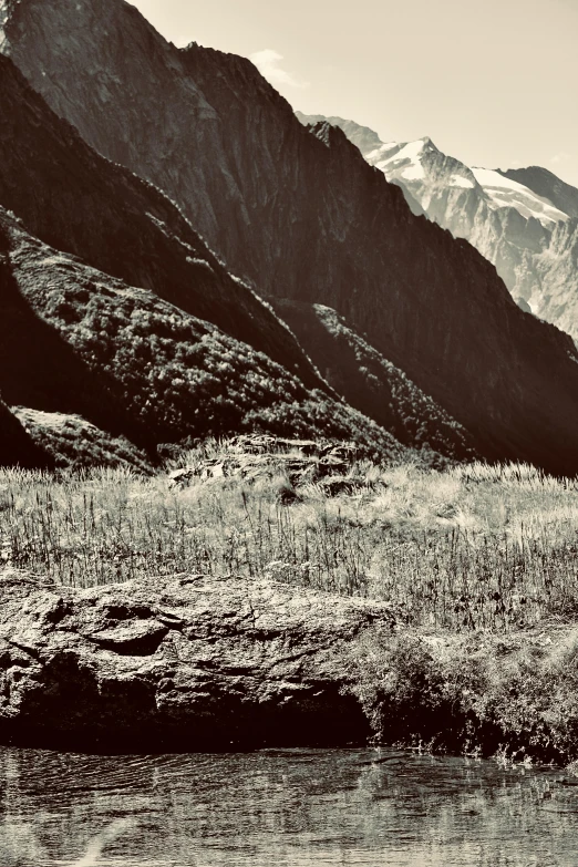 a black and white po of mountains with grass on the bank