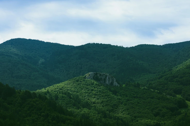 a mountain with a large green slope covered in a forest