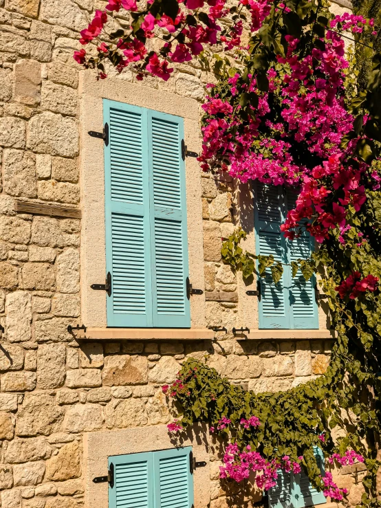 a house with blue shutters next to a brick wall and a red flower bush