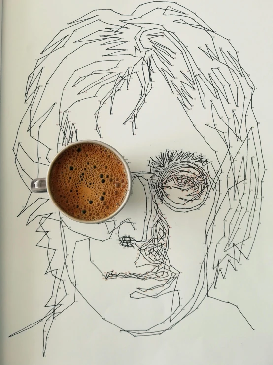 a cup of coffee sits next to a drawing of a person
