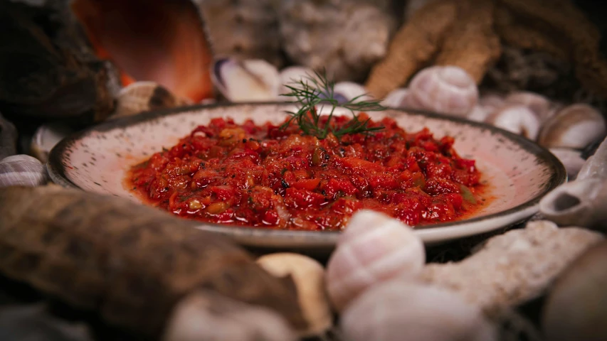 a bowl of red sauce surrounded by mushrooms