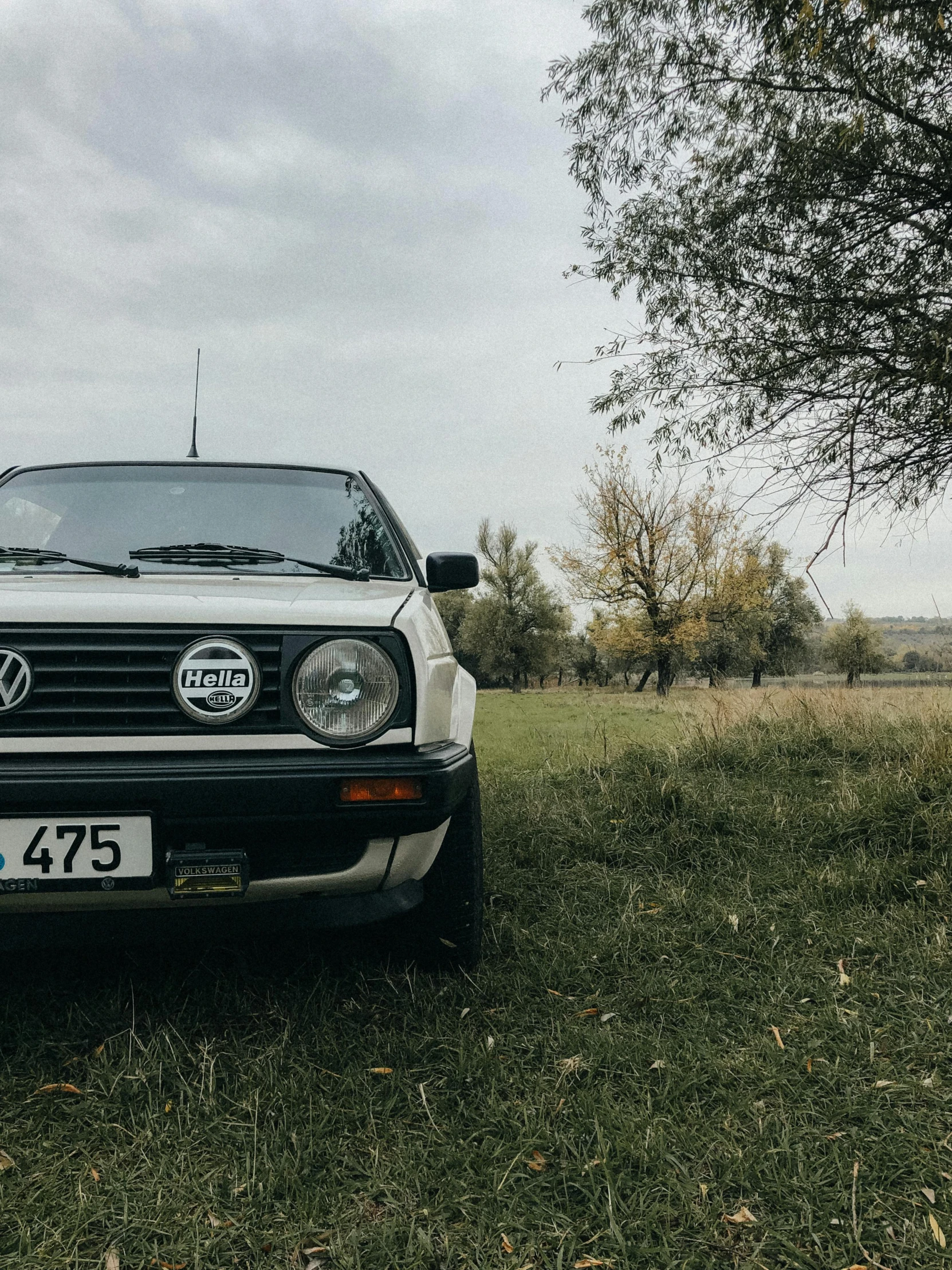 an old, silver volkswagen coupe is parked in the grass