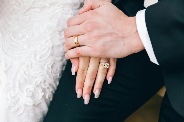 two hands holding each other with wedding rings