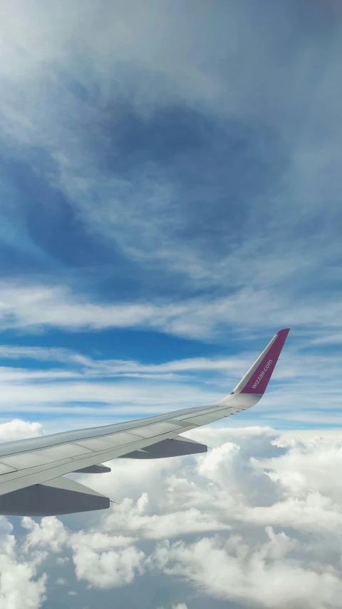 the wing of a passenger jet flying above clouds