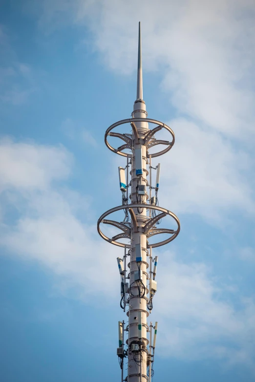 tower structure with metal antennas and antennas in open blue sky