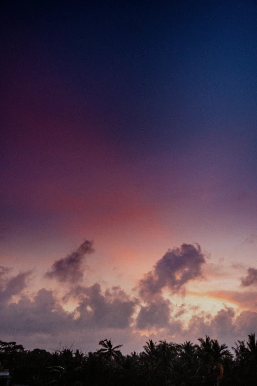 the view of a sky at sunset with palm trees