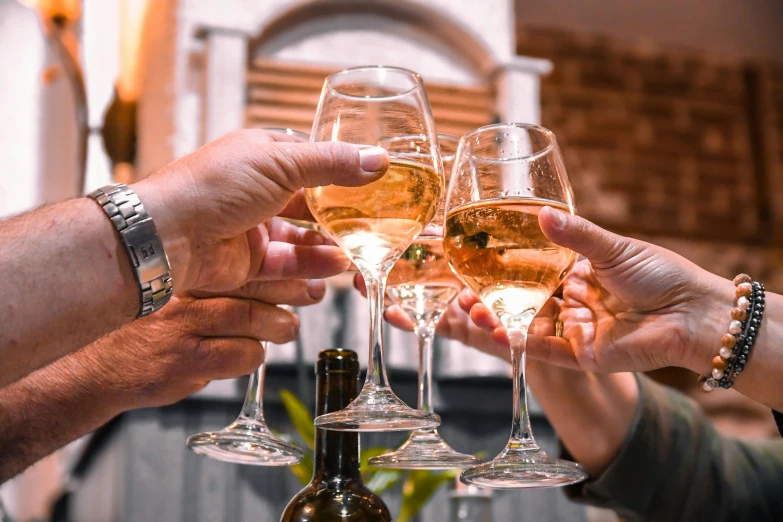 a group of people holding wine glasses in their hands