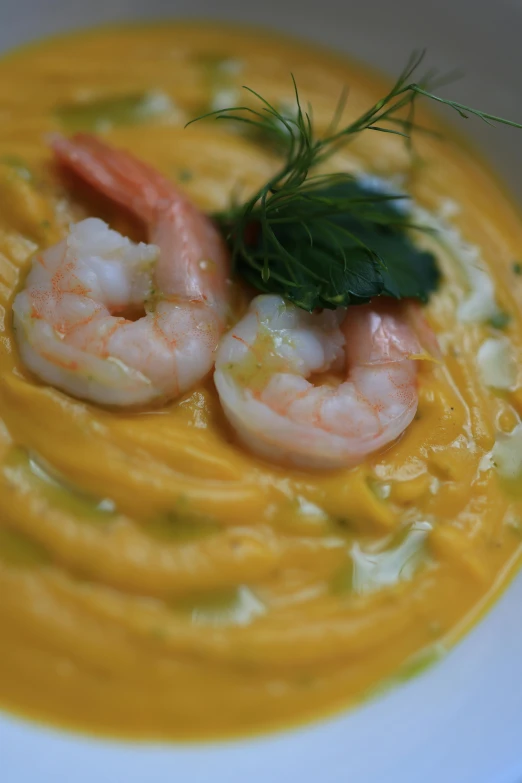 a close up of a bowl of shrimp soup