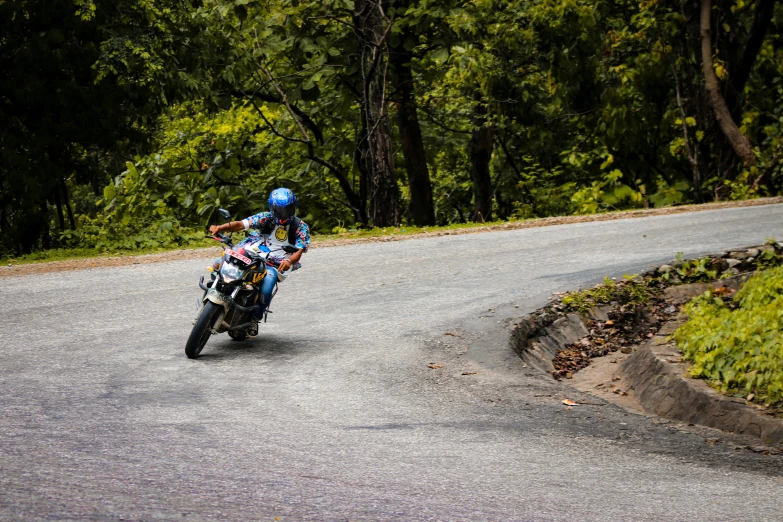 a motorcycle rider on a winding road with green trees in the background