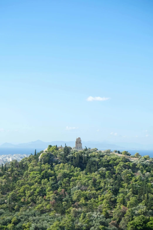 a tall tower on a hill overlooking trees and buildings